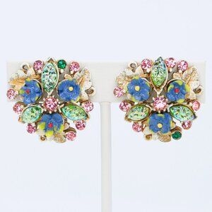 Rare Vintage Florenza Floral Art Glass Antiqued French Clip-On Earrings‎ 1960s